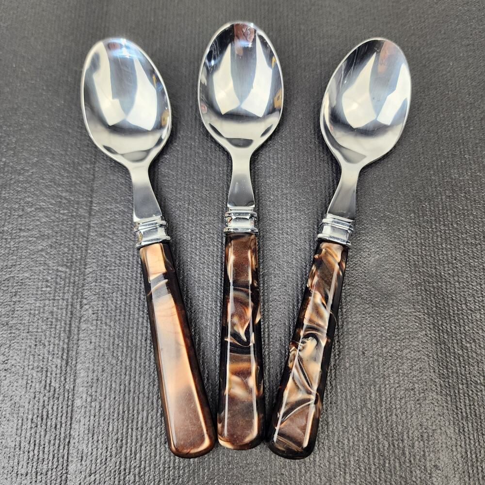 3 MIKASA 18/0 Tortoise Handle Flatware Brown Acrylic Handle Teaspoons 6.5"